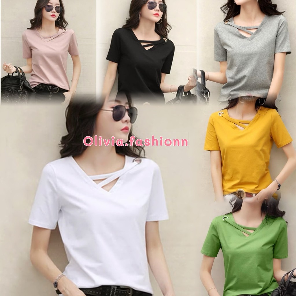 🦄Olivia🦄เสื้อยืดคอวี ผ้านุ่ม มีไขว้ที่คอแต่งเก๋ๆ สไตล์เกาหลี #E01