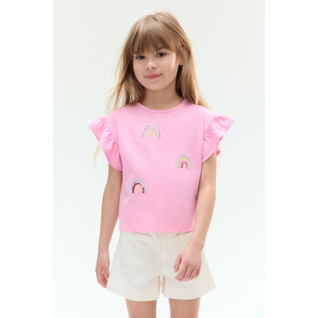 H&M(เอชแอนด์เอ็ม) เสื้อท็อปส์ทรงคอวีผ้าคอตตอนปักเลื่อม เด็กผู้หญิง 1295489_1