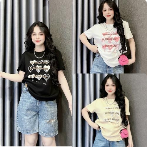 เสื้อยืดผู้หญิง สไตล์ไทย มีดีไซน์ลอยน้ำ ดีไซน์หัวใจ แขนสั้นพิมพ์ลาย