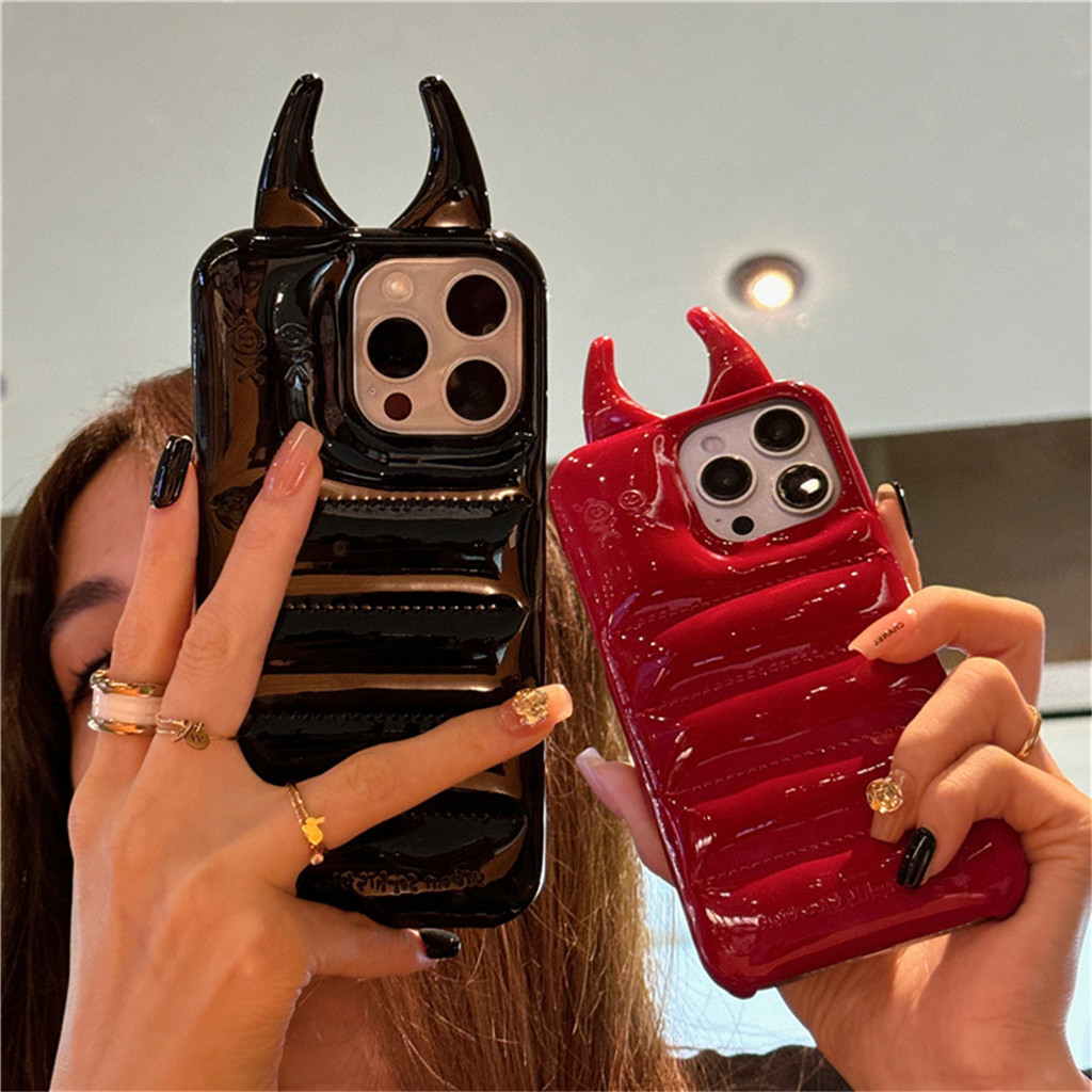 ตลกซิลิโคนกรณี Devil Horns ปีศาจมุมสําหรับ iPhone 16 15 14 13 Pro Max หรูหรา PU หนังกลับ Covermanha