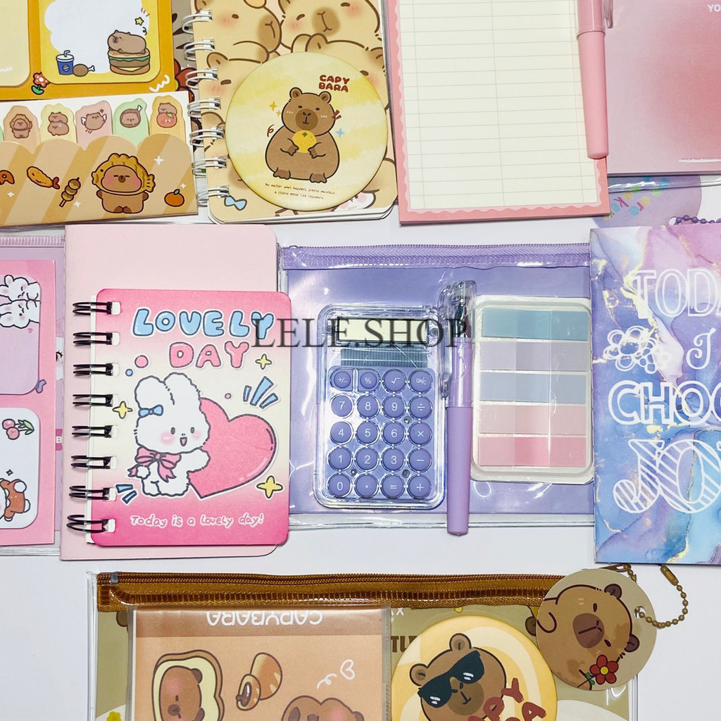 ชุดเครื่องเขียน ลายการ์ตูน 5/6ชิ้นแบบพกพา ปากกา/เครื่องคิดเลข/ยางลบ พร้อมส่งในไทย