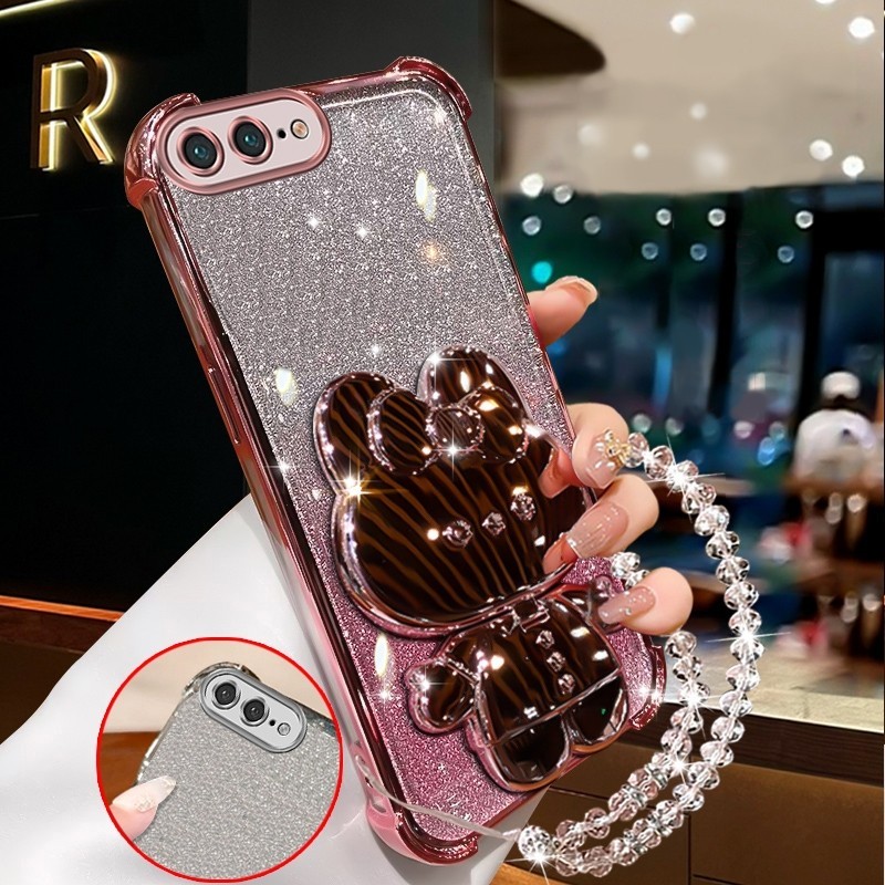 เคสสําหรับ iphone 7 plus iphone 8 plus se 2 Soft Clear สี่มุมหนาชุบซิลิโคนเคสโทรศัพท์กระต่ายกระจกแต่งหน้าพร้อมที่วางซิลิโคนกรณี XXXDA