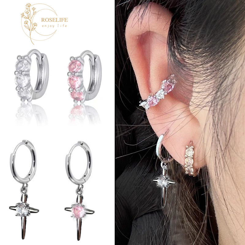 Roselife 2 ชิ้น S925 เงินคริสตัลไม่สม่ำเสมอ Cross วงกลม Hoop ต่างหูสำหรับผู้หญิง เครื่องประดับหมั้น