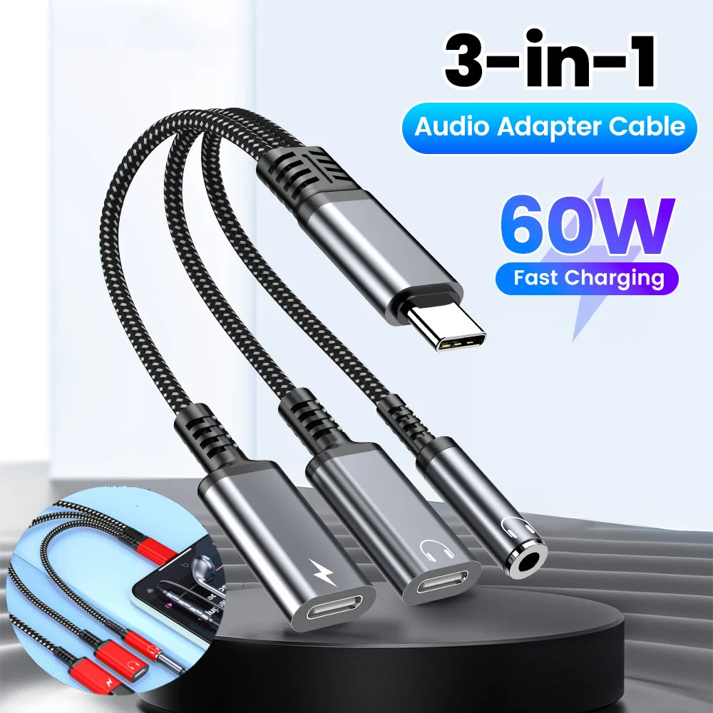 Twitch 3 in 1 PD 60W Fast Charge Adapter สําหรับโทรศัพท์มือถือประเภท C ถึง Dual Type C/3.5 มม.แจ็คหญิงอะแดปเตอร์เสียงสายหูฟังอะแดปเตอร์