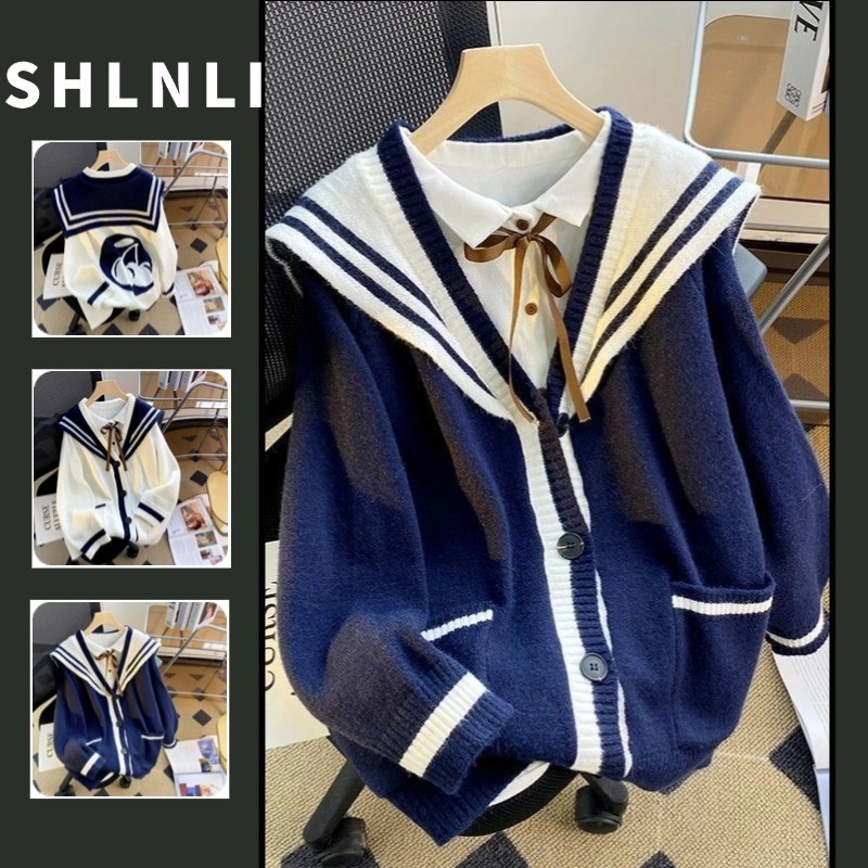 เสื้อสเวตเตอร์แขนยาวคอปกสีกรมท่าทรงหลวมสไตล์วิทยาลัยสำหรับผู้หญิงฤดูใบไม้ผลิและฤดูใบไม้ร่วง