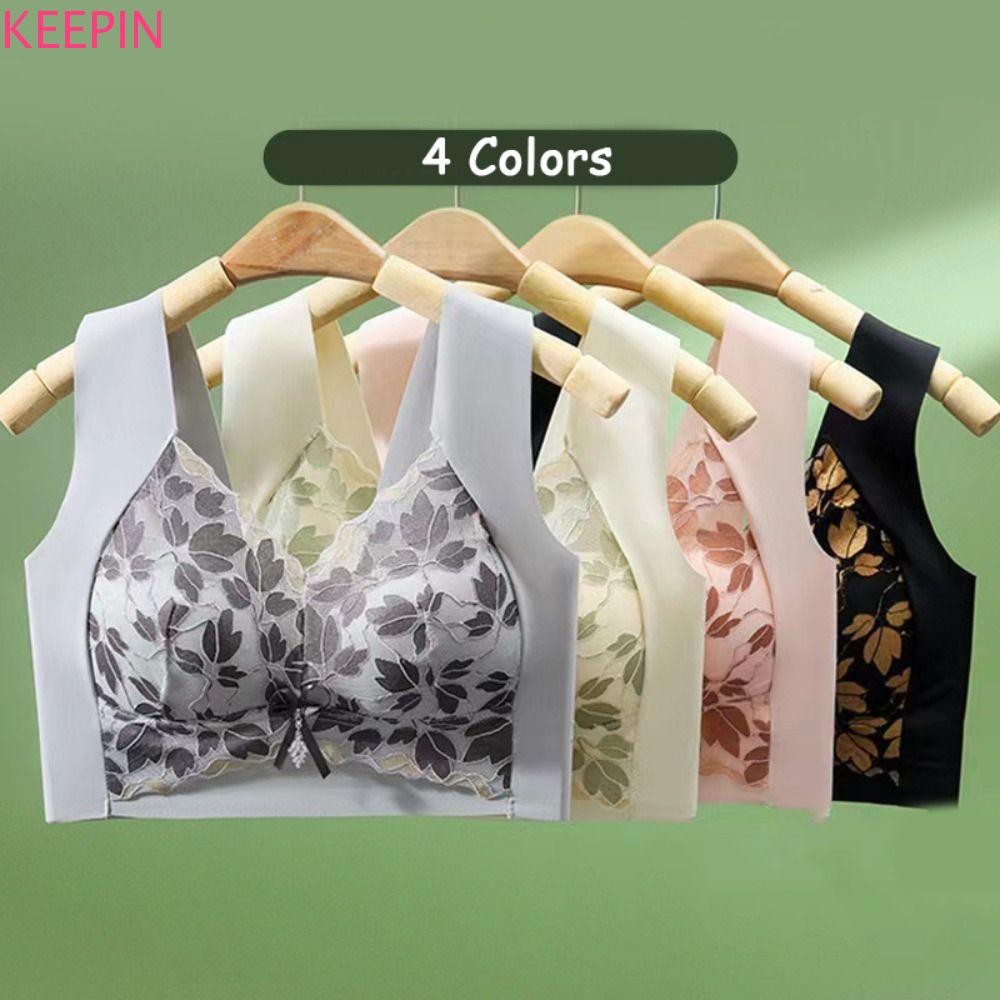 KEEPIN Brassiere สําหรับผู้หญิง Bowknot Leaf Lace Deep V Bras สวย Big Cup ชุดชั้นในกันกระแทก Push Up Bras โยคะ