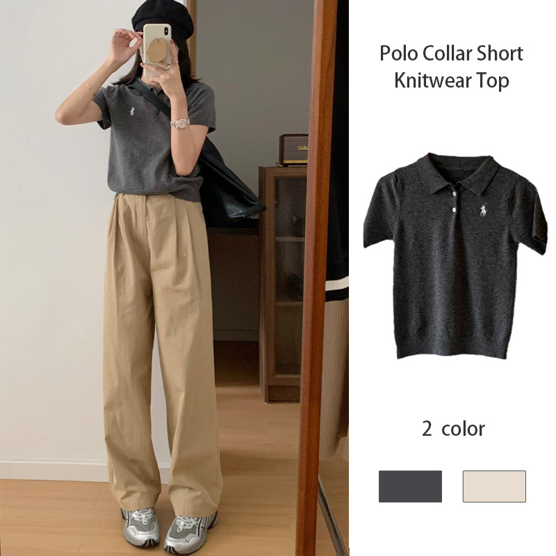 เสื้อถักคอโปโลแขนสั้นผู้หญิงปักลาย เสื้อท่อนบนเข้ารูป JD