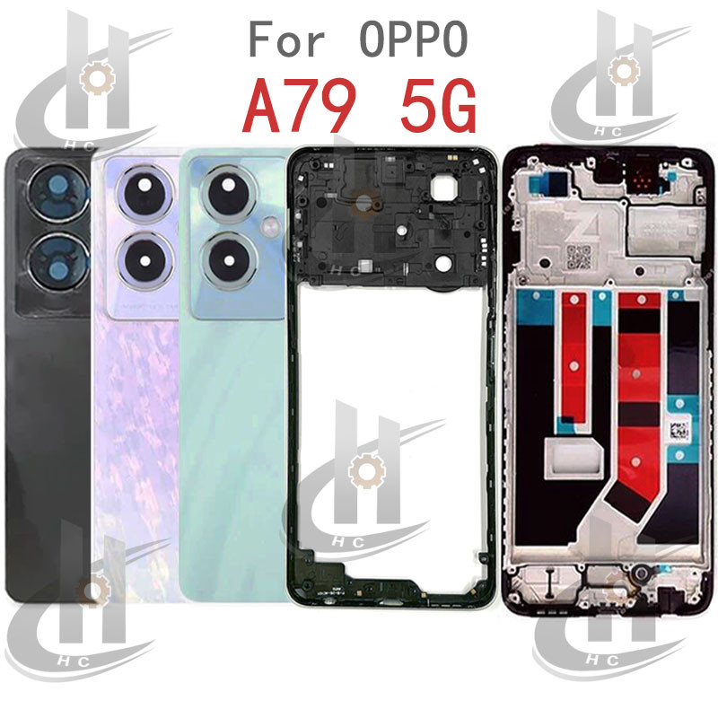 แบตเตอรี่ฝาหลังที่อยู่อาศัยกรอบกลาง + ปุ่ม + กรอบด้านหน้า LCD + เลนส์กล้องกรอบสําหรับ OPPO A79 5G CPH2553 CPH2557