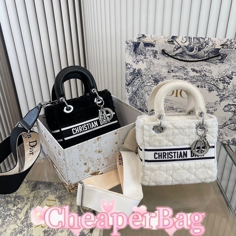 Di*r (พร้อมกล่อง) lady dlite กระเป๋าถือครีมขนสีขาวลายหวายแบบบูรณาการกระเป๋าเจ้าหญิง