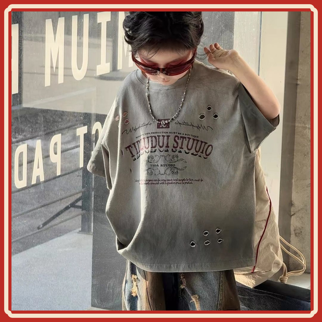 2025 เสื้อแขนสั้นย้อมสีดำแบบรากลันวินเทจ KEI ฤดูร้อน