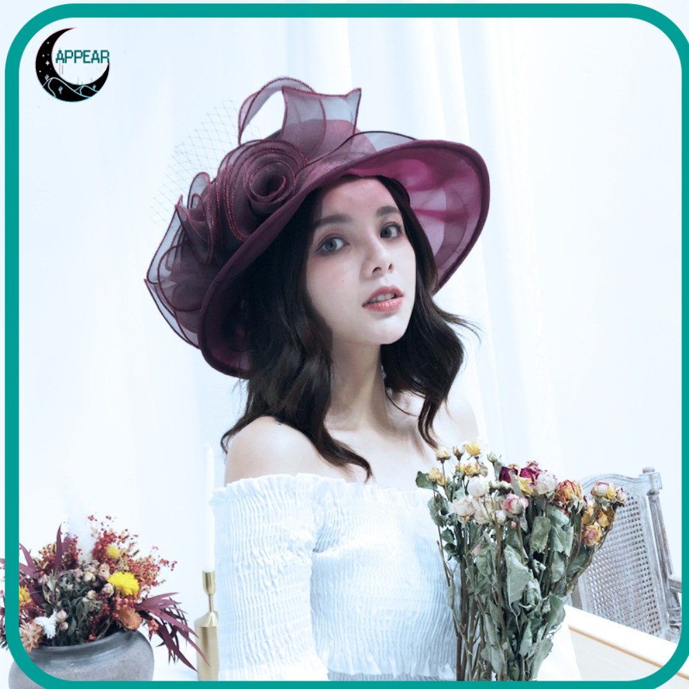 หมวกแต่งงาน APPEAR, ปีกกว้าง Organza, กันแดดอินเทรนด์ดอกไม้ตาข่าย Ruffles หมวกวินเทจฝรั่งเศส