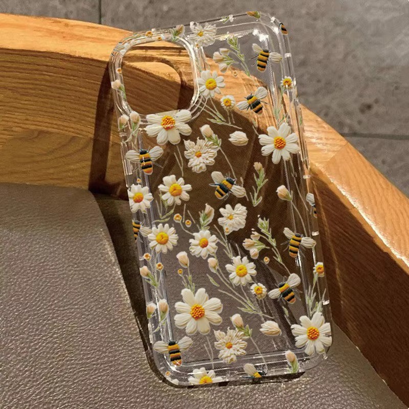 สําหรับ iPhone 11 16 15 Pro Max 16e 14 11 12 13 15 Pro XR XS Max X 7 8 Plus SE2022 น่ารัก Honeybee ดอกไม้ซิลิโคนอ่อนนุ่มกันกระแทก