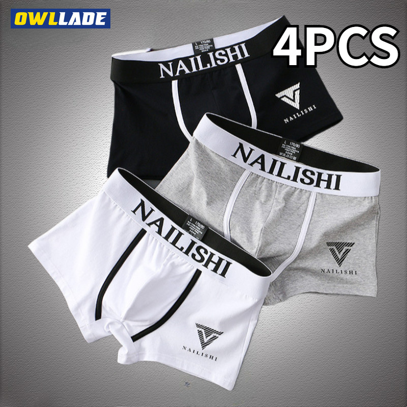 OWLLADE 4PCS Boxer Lelaki Cotton 100% สั้นสําหรับชายชุดชั้นใน Man ยืด Breathable 003 สีดํา H08 2T