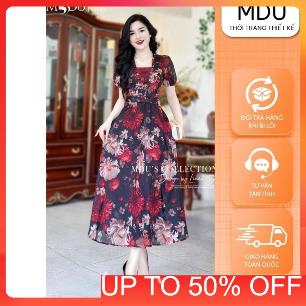 ออกแบบชุด MDU4216 สีแดงสดเรียบง่ายรอบคอน้ําหนักเบา Flare Dress จาก MDU K33-D1-2