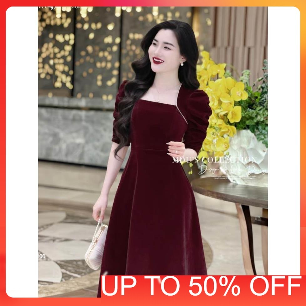 Lady Dress MDU3733 กระโปรงบานเล็กน้อย ดีไซน์คอเหลี่ยมพร้อมกํามะหยี่เนื้อนุ่มจาก MDU K48-D2-5