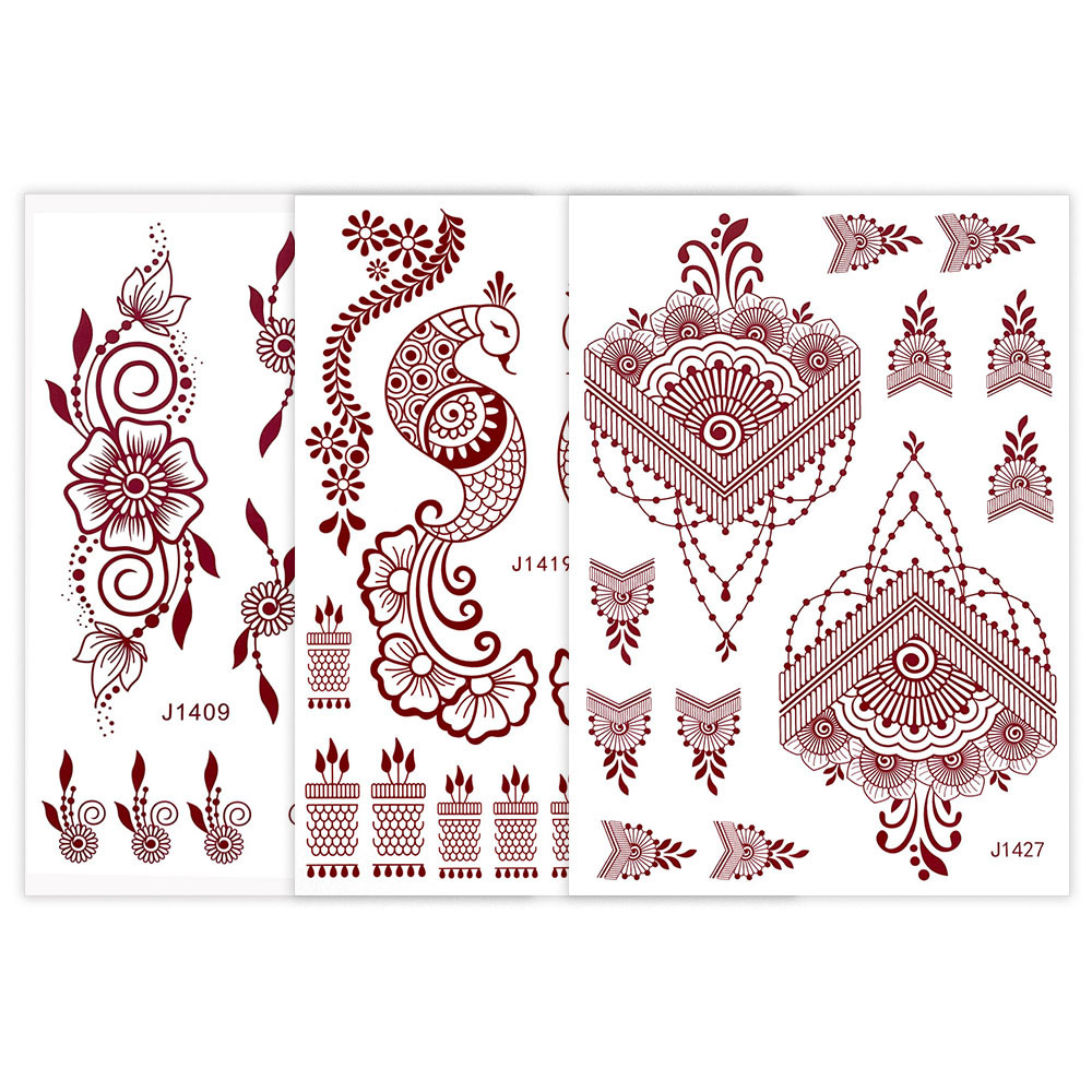 1 PC Maroon/White Henna Hand Tattoo สําหรับผู้หญิงดอกไม้รอยสักชั่วคราวสําหรับงานแต่งงาน Body Decor ก