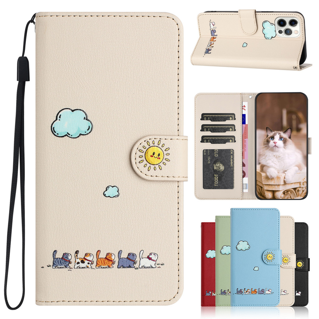 เคส Case for Samsung Galaxy A57 A37 A17 A06 A07 A16 A26 A36 A56 A15 A25 A35 A55 A14 A24 A34 A54 A13 A23 A33 A53 A52 A52s 5G A04 A04s เคสโทรศัพท์หนังฝาพับพร้อมช่องใส่บัตรสําหรับ Cartoon Cats Wallet PU Leather Cover With Card Slots Soft TPU Shell Strap KTM