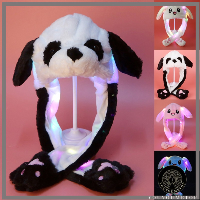 หมวกตุ๊กตาสัตว์มีไฟ YOUYO พร้อมหูที่ขยับได้ ลายการ์ตูนกระต่ายและแพนด้า หมวกคลุมหู LED WNYZ