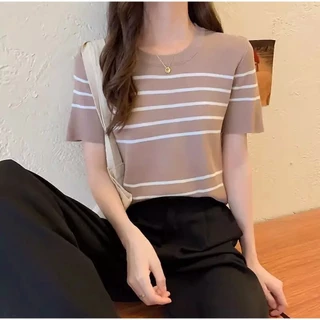 👕🌈 MKL 🌈👕 เสื้อไหมพรม Free size คอกลม ลายขวาง ผ้าใส่สบายยืดหยุ่นได้ดี สไตล์เกาหลี 💗✨ #B32
