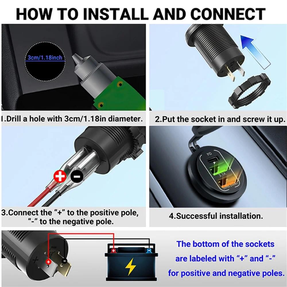 83W Max ชาร์จโทรศัพท์ซ็อกเก็ต 45W PD + QC3.0 Fast Charging 22.5W Dual USB + Type C Outlet 3 พอร์ตอะแดปเตอร์กันน้ํา 12 V-24 V - รูปที่ 3