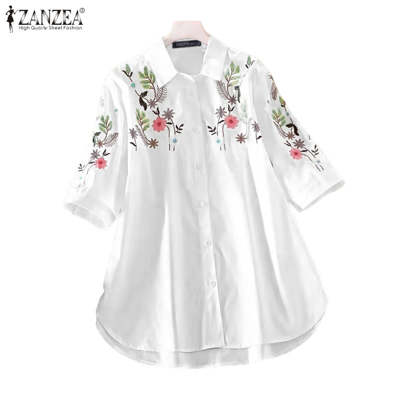 ZANZEA ใส่ ซานเซีย ผู้หญิงเกาหลีวันหยุดสบายๆปก3/4แขนดอกไม้พิมพ์ปุ่มขึ้นเสื้อ