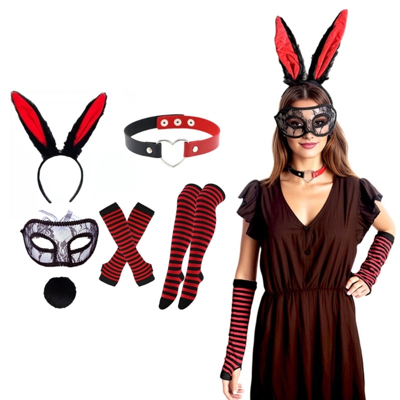 As ผู้หญิงกระต่ายหูแถบคาดศีรษะ Collar Bunnies หาง Stripe Stocking อีสเตอร์ Bunnies เครื่องแต่งกายชุด