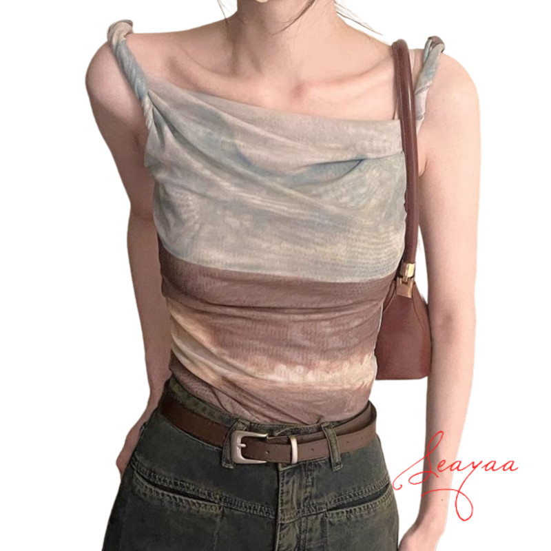 ย้อมน้ำมันวาดตาข่ายเสื้อกั๊กผิดปกติสั้น Camisole ผู้หญิงฤดูร้อนปิดไหล่หวานร้อนด้านบน SY - รูปที่ 6