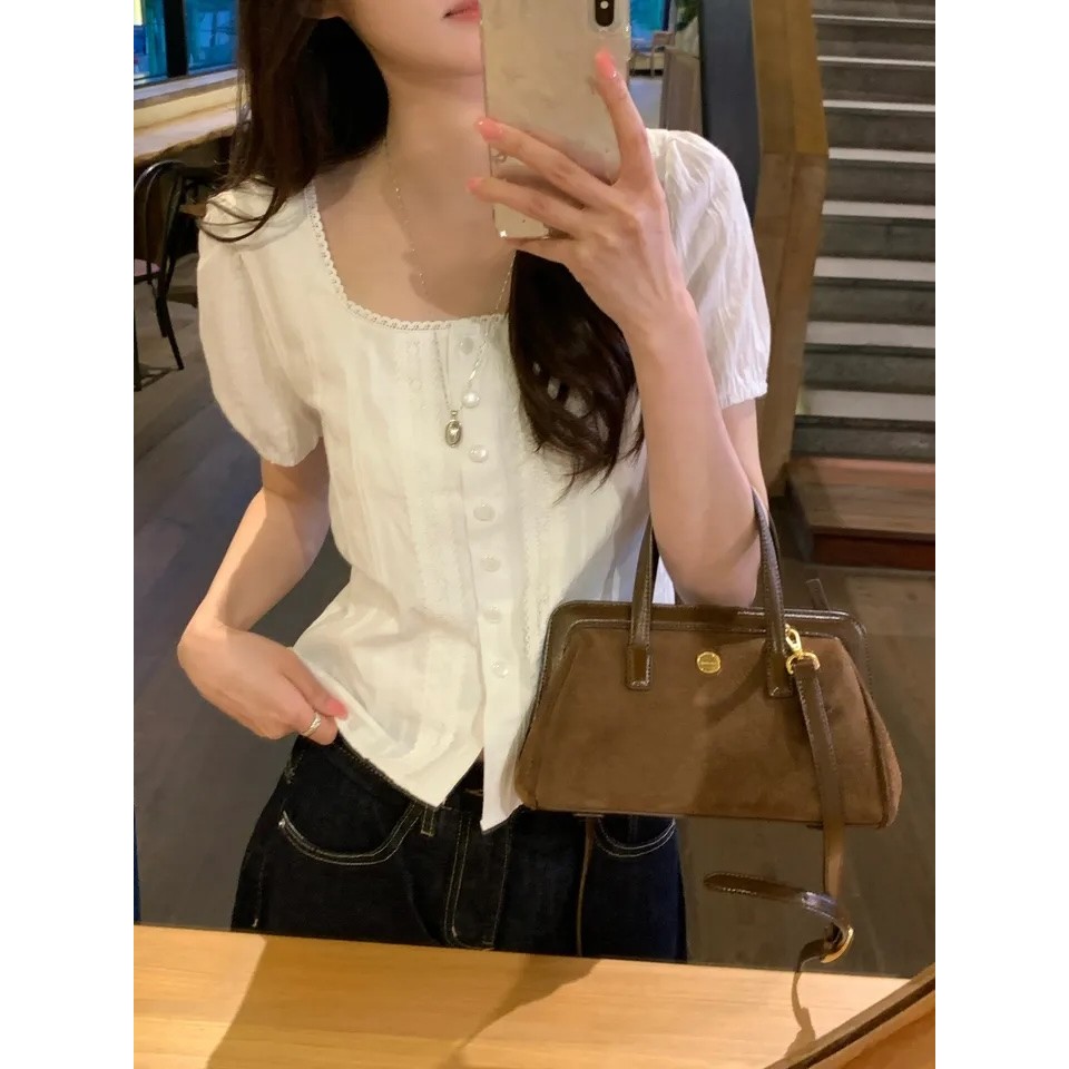 ฤดูร้อนใหม่ผู้หญิงที่เรียบง่ายแขนสั้นโบว์สแควร์คอลูกไม้เสื้อ 250603