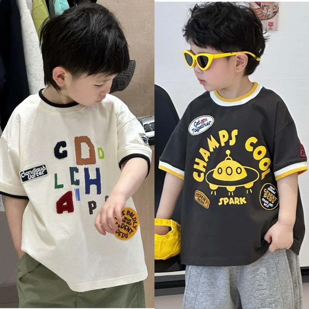 ฤดูร้อน เสื้อยืดแขนสั้นเด็กชายผ้าฝ้าย ลายการ์ตูนตัวอักษรน่ารัก เสื้อแขนสั้นสำหรับเด็กทารก สบายๆ