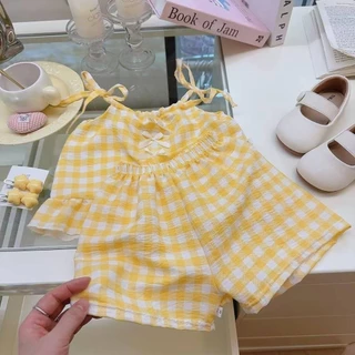 ชุดเซ็ตเสื้อสายเดี่ยวกางเกงขาสั้นแบบรูดสายผูกไหล่ลายสก็อตผ้าฝ้าย ผ้านิ่ม ใส่สบาย🍁