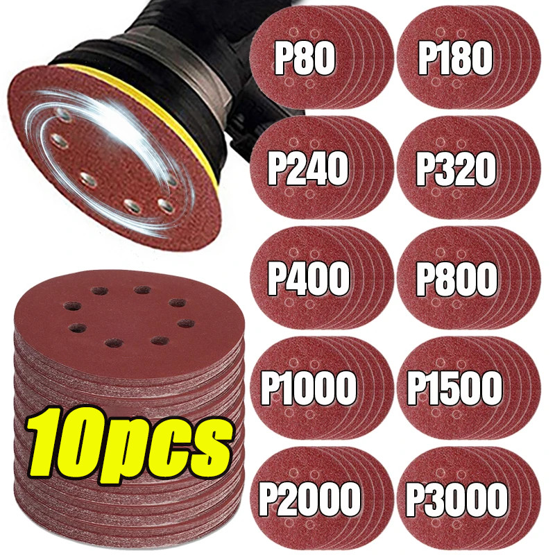 10 ชิ้น 8 หลุม Hook และ Loop Sanding Discs กระดาษทราย / 40Grits-2000Grits กระดาษทรายสําหรับงานไม้