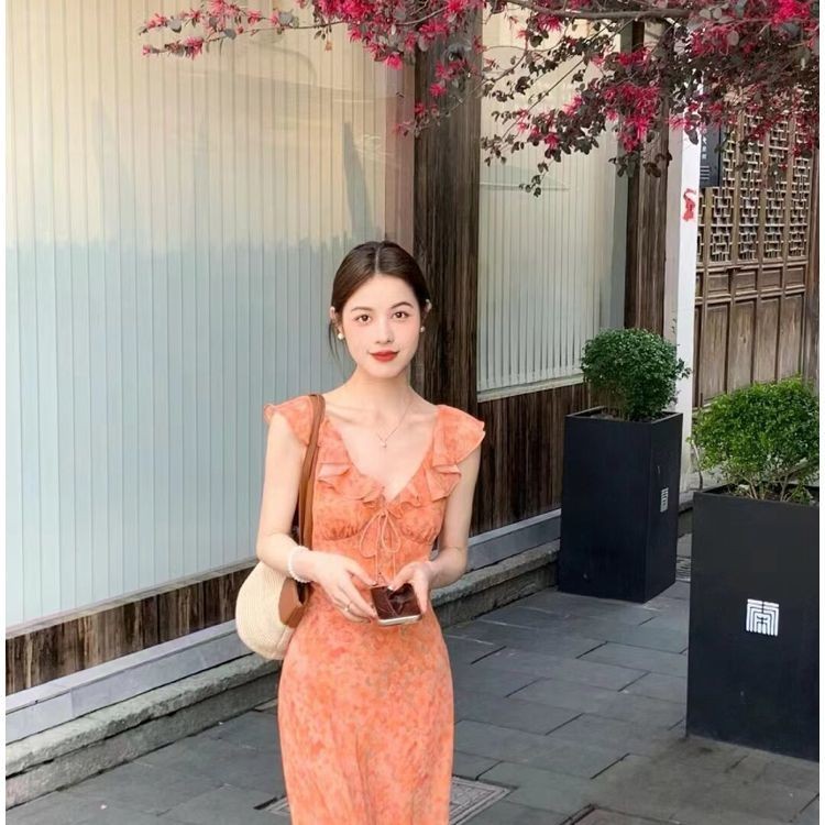 🌺ชุดเดรส,🌺ใหม่ฝรั่งเศสสดบัวใบคอ V นุ่มพรีเมี่ยมฤดูร้อนแม็กซี่