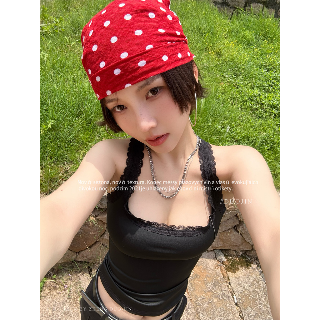 American Retro Red Polka Dot Square ผ้าฝ้ายผ้าลินิน y2k สาวร้อน Headscarf มัลติฟังก์ชั่นผ้าพันคอ