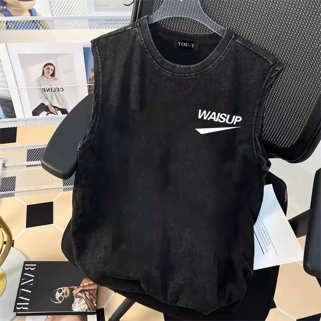 Y-T🚴‍♂️เสื้อยืดโอเวอร์ไซส์ เสื้อกั๊กคอกลม สวมใส่สบาย ลายเรโทร "WAISUP" ผ้าฝ้าย 100% พิมพ์ลายสกรีน ไม่หด สไตล์สตรีท