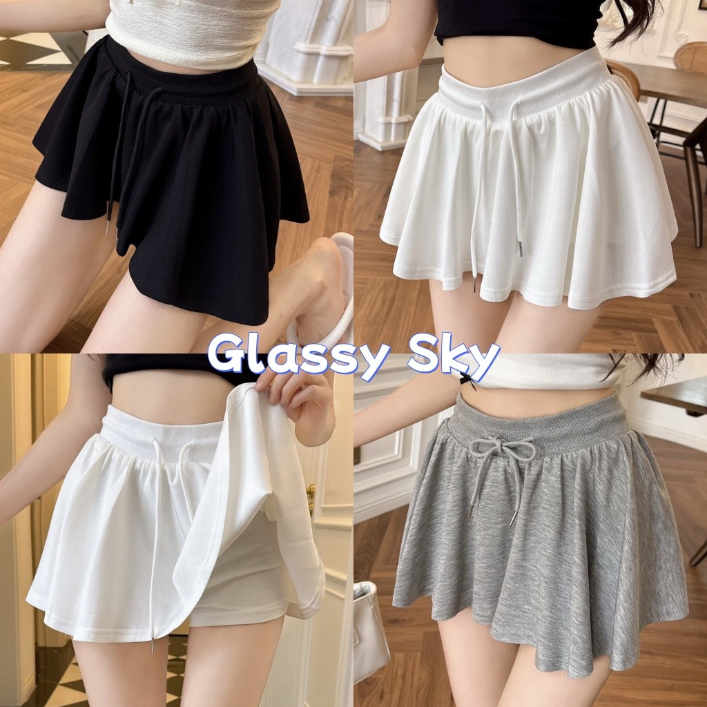 Glassy Sky💖พร้อมส่ง💖 กระโปรงขาสั้น เอวสูง ใส่สบาย เอวสม๊อคยืด ปลายปล่อยสีพื้น (FY2871)