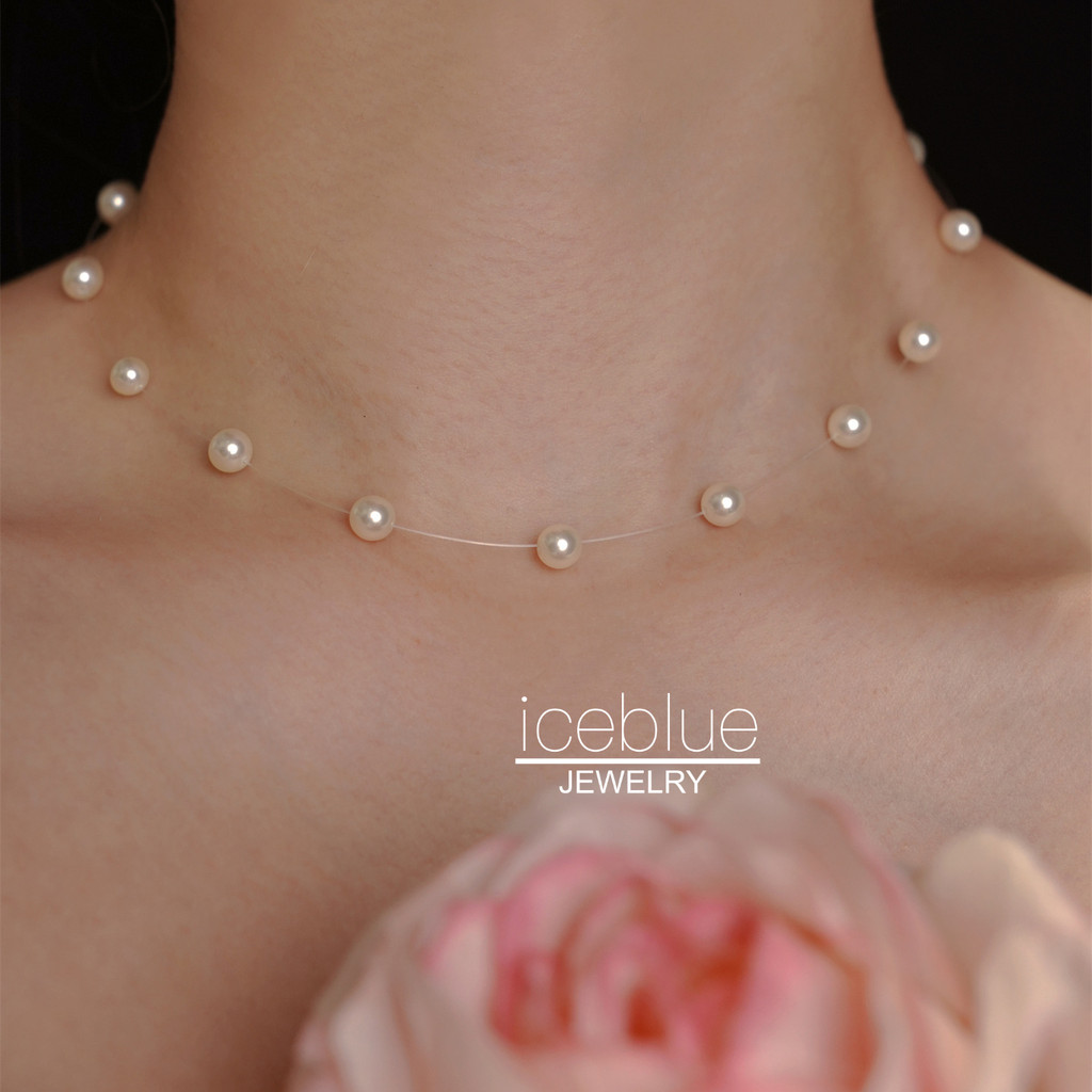 【iceblue】S925 เงินสีขาวรอบ Swar * vski Pearl ที่มองไม่เห็นสายตกปลาสร้อยคอสร้อยคอกันน้ํา Hypoallergenic แฟชั่นสร้อยคอไข่มุกสําหรับผู้หญิง N151