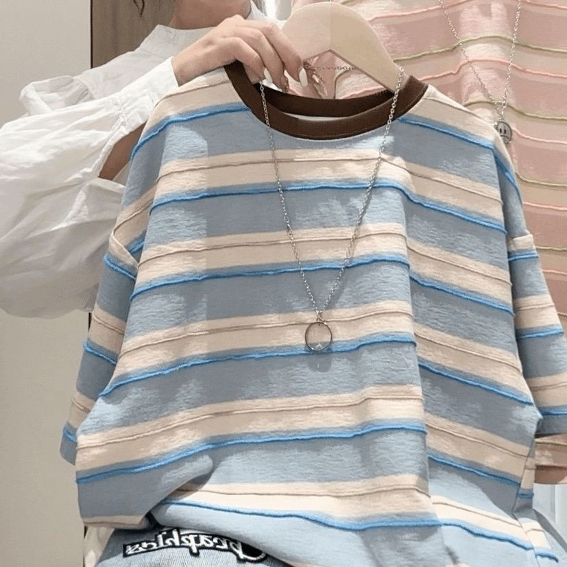 เสื้อยืดแขนสั้นเด็กชายหญิงฤดูร้อนเกาหลี 2025 สไตล์ใหม่เด็กทารกครึ่งแขนลายผ้าฝ้าย