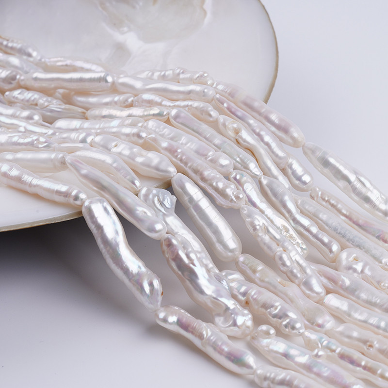 6-8 มม. เจาะตรงสีขาว biwa pearl ไข่มุกน้ําจืดธรรมชาติ strand สําหรับทําเครื่องประดับ DIY