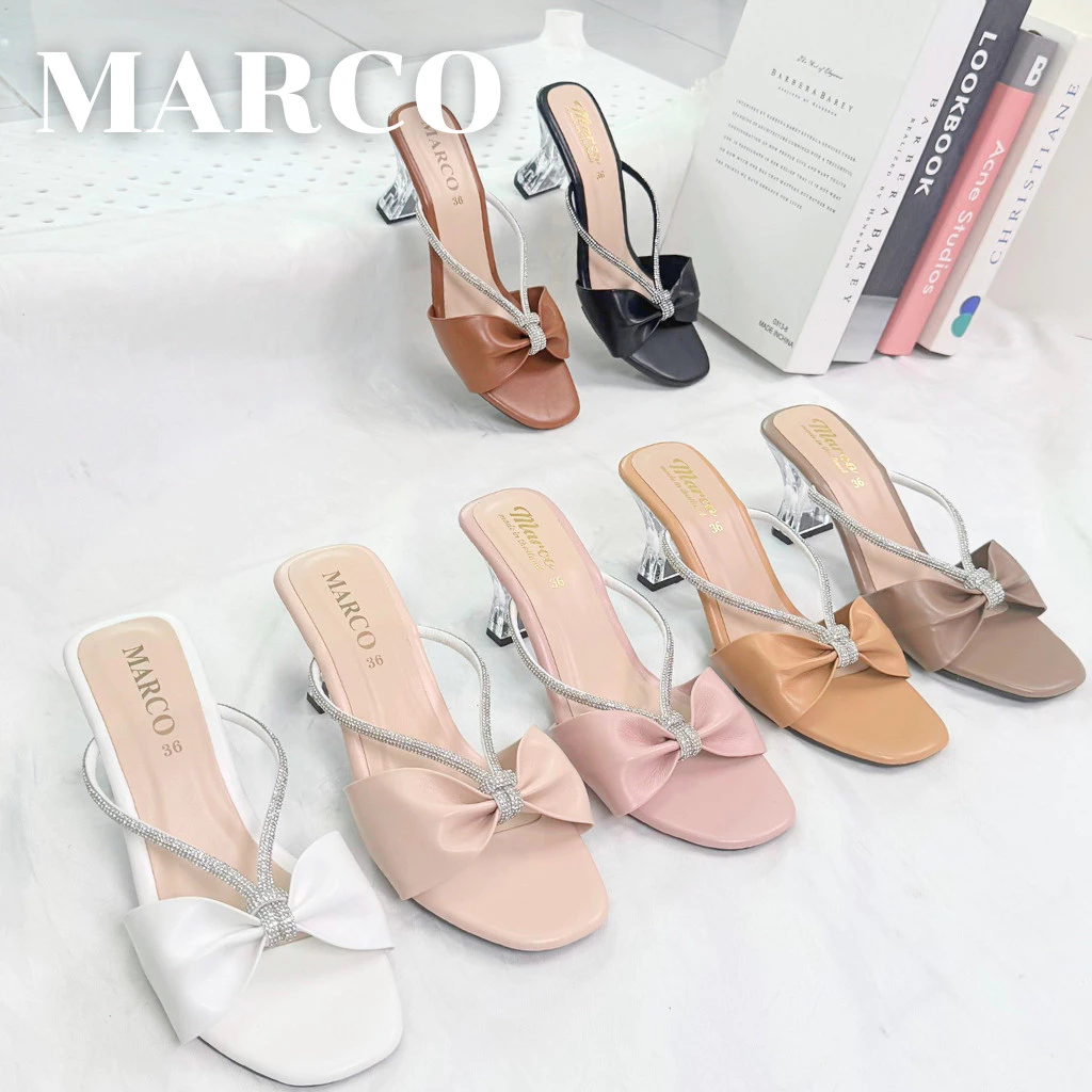 รองเท้าแฟชั่น แบรน์ด Marco รุ่น B1031 ส้นแก้วสูง 2 นิ้ว แต่งโบว์สายเพชร