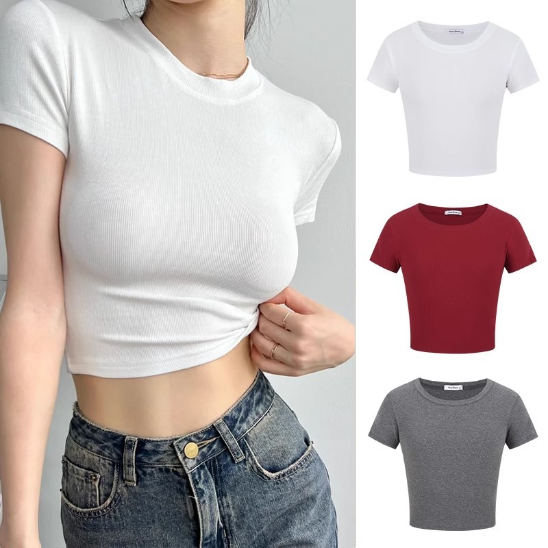 แขนสั้นยางยืด เสื้อยืดผู้หญิง คอกลมแขนสั้น สีทึบ แฟชั่น เรียบหรู มิเนมอล ใส่สบาย แมตช์ง่าย เสื้อยืดผู้หญิง ทรงสั้นพิเศษ