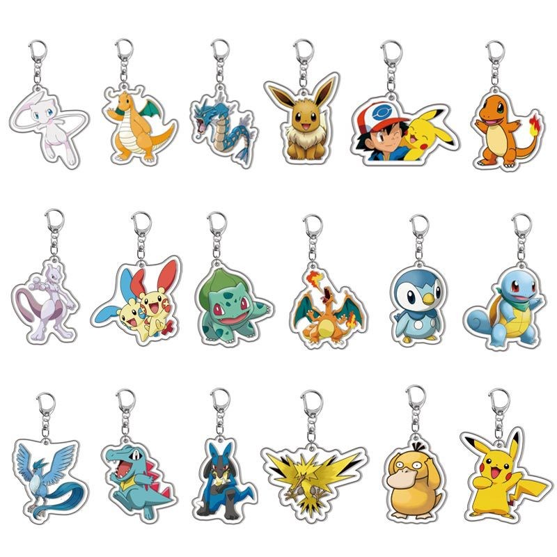 Kawaii Pokemon อะคริลิคพวงกุญแจ Pikachu Rowlet Mewtwo Gengar Eevee Squirtle Lucario Gyarados Psyduck