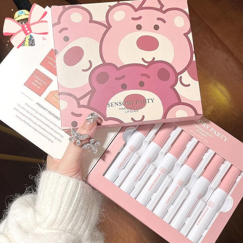 6 ชิ้น/เซ็ตหมีสีชมพูกํามะหยี่ลิปกลอสเคลือบกํามะหยี่ลิปเคลือบกันน้ําติดทนนานไม่ทําเครื่องหมายธรรมชาติลิปทินท์ชุดเครื่องสําอาง