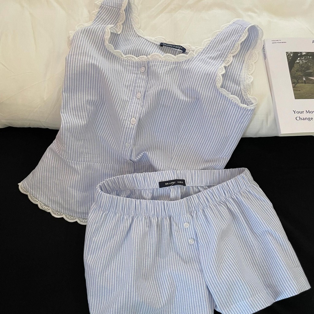 Viral Korean Pyjamas 2025 - ชุดคอปกลูกไม้ 3 ชิ้นพร้อมเสื้อโอเวอร์เชิ้ตลายทาง