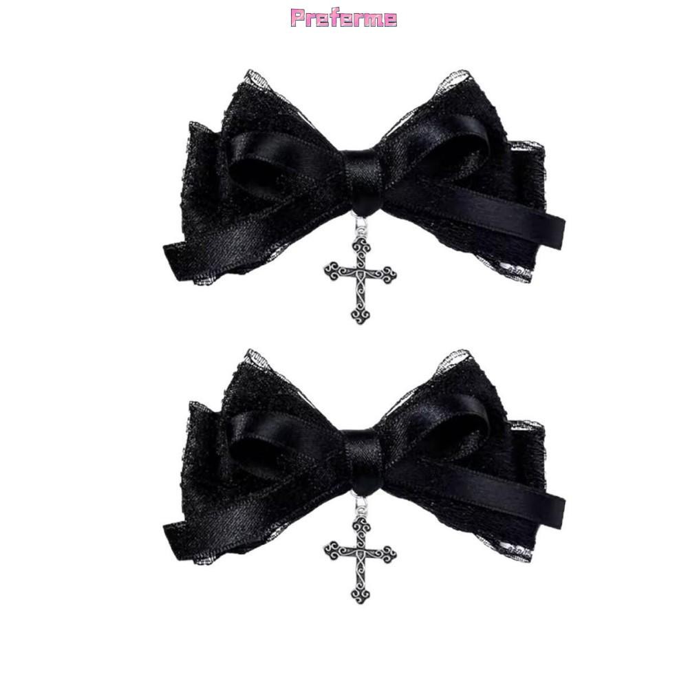 Preferme 2 ชิ้นสไตล์โกธิคโบว์กิ๊บอุปกรณ์เสริมผมคอสเพลย์สีดําและไวน์แดงลูกไม้จระเข้คลิป Barrette K6W7
