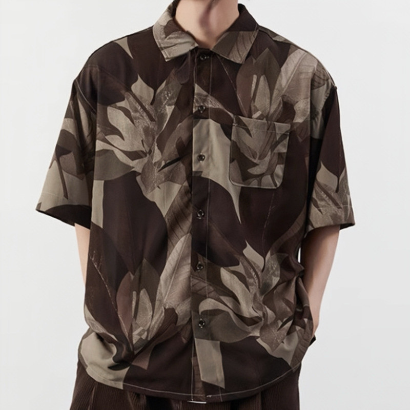 เสื้อเชิ้ตแขนสั้นสีน้ำตาลขนาดใหญ่ลำลองสำหรับคู่รักในฤดูร้อนสำหรับ เสื้อเชิ๊ตผู้ชาย