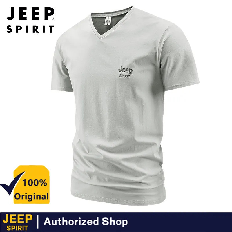 JEEP SPIRIT Mens V คอแฟชั่น Design Slim fit เสื้อยืดแขนสั้นสำหรับผู้ชาย
