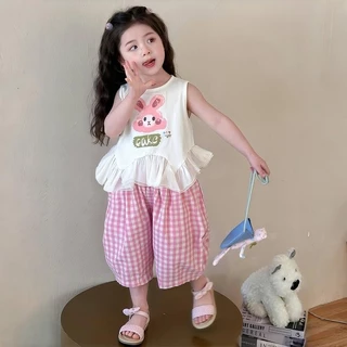 MooDeng Baby ชุดเสื้อ+กางเกง ลายกระต่ายฤดูร้อน ชุดเสื้อ+กางเกงเด็กผ้านิ่ม สวมใส่สบาย เสื้อกั๊ก เด็กหญิง