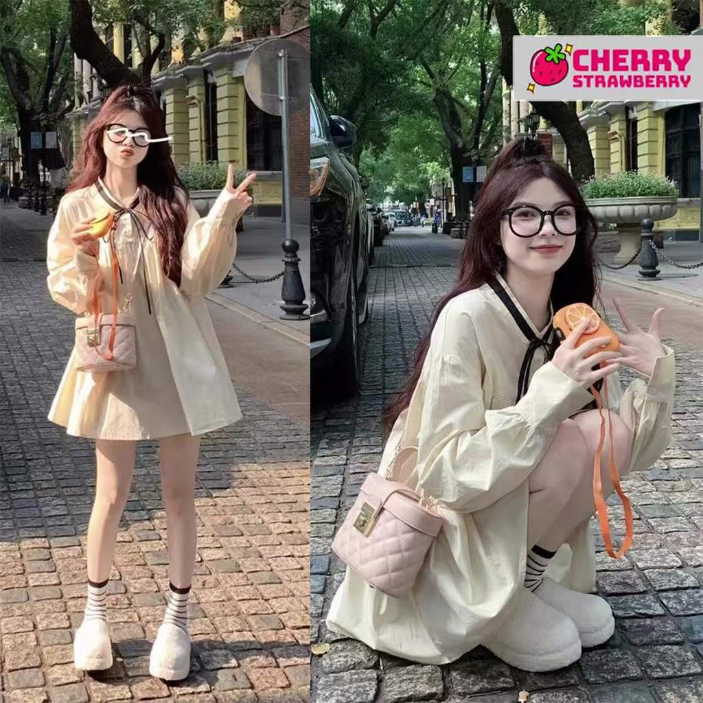 ชุดเดรสแขนพอง สไตล์ฝรั่งเศส เนื้อผ้านุ่ม ใส่สบาย