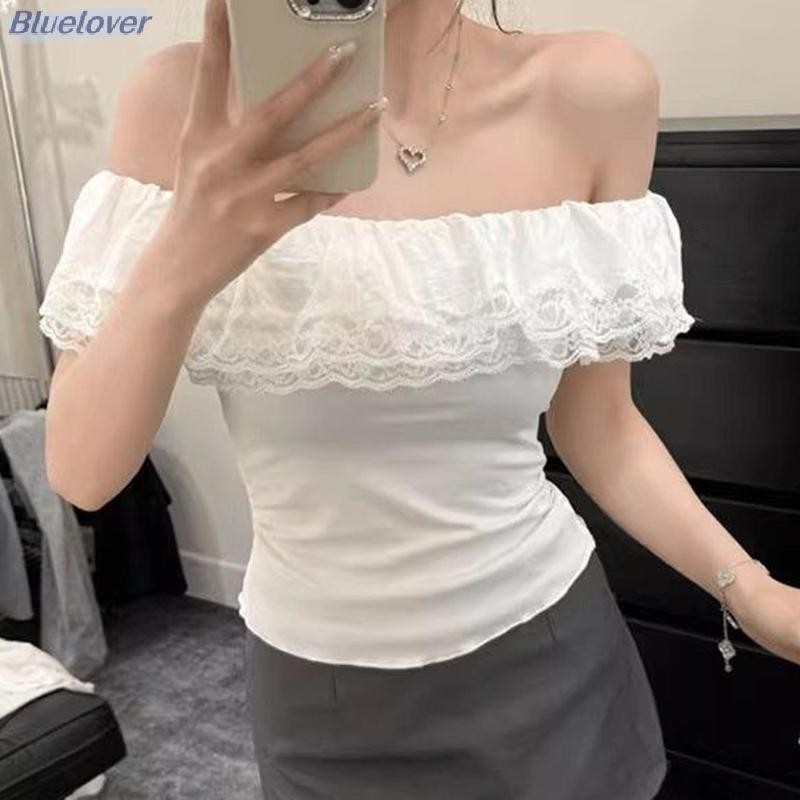 Bluelover Summer French Lace Ruffled Off-shoulder Short Sleeve Slim T-shirt Womens Crop Top New