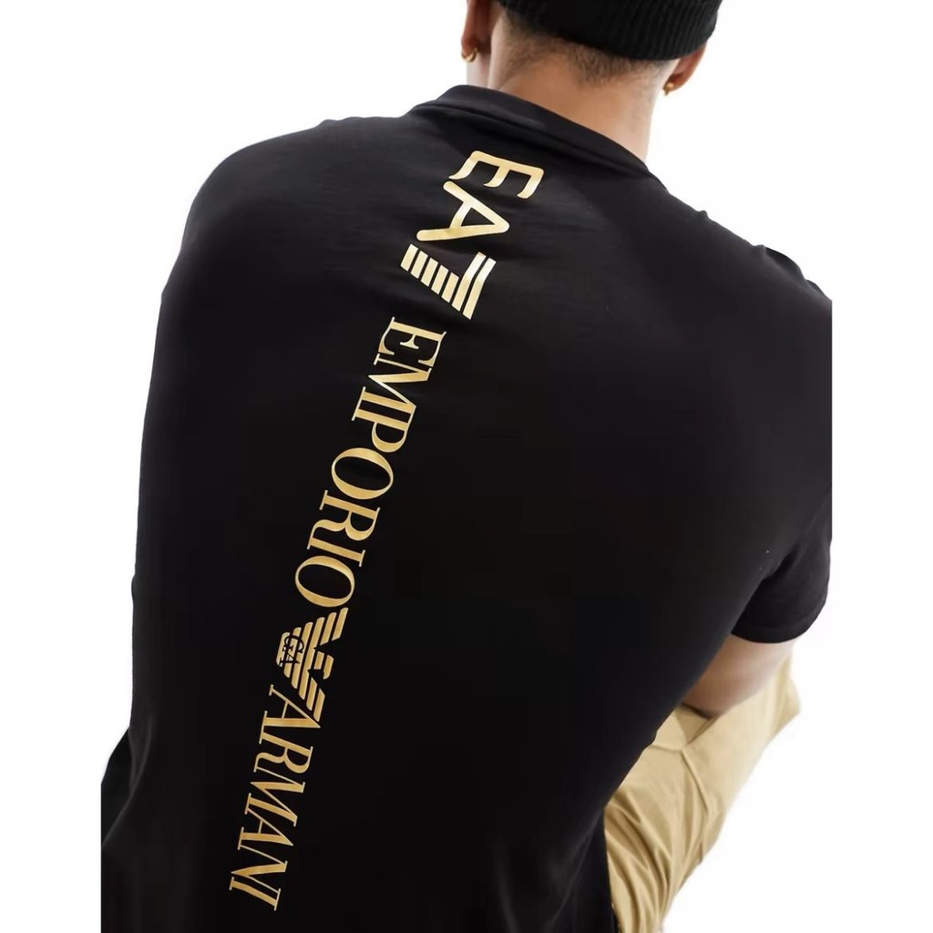 Unisex คอกลม ARMA แฟชั่นลําลอง EA7 กลับพิมพ์รอบคอแขนสั้นผ้าฝ้ายเสื้อยืด